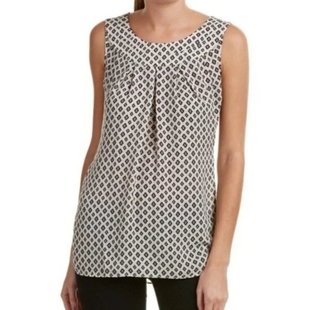 CAbi Cleo Cream Blue Sleeveless Geometric Blouse